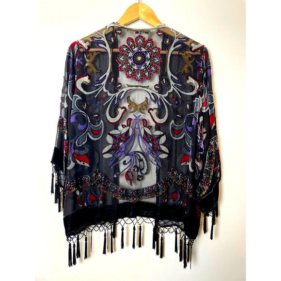 Vintage JBS Women's Sheer Fringe Kimono Shirt Black Beaded Artsy Boho Rocker - Picture 1 of 7